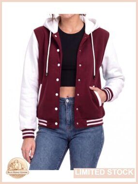 Womens Hooded Varsity Jacket Letterman Bomber Fleece